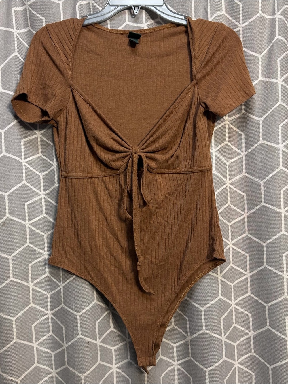 wild fable Brown Ribbed Tie-Front Short Sleeve Bodysuit